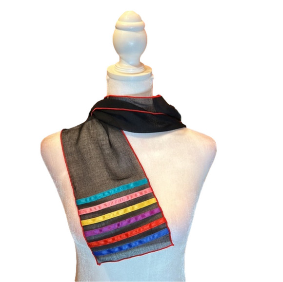 SCARF Black Sheer Scarf-Tie w/ Vibrant Rainbow Color Silky Ribbons - Picture 1 of 5